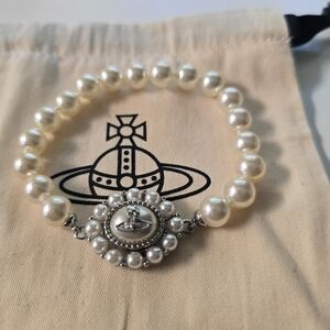 Vivienne Westwood Cream Pearl Bracelet with Silver Emblem